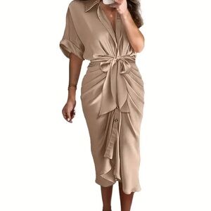 Dress - Satin Elegant Short Sleeves, Flattering Fit, stylish Waist Dress